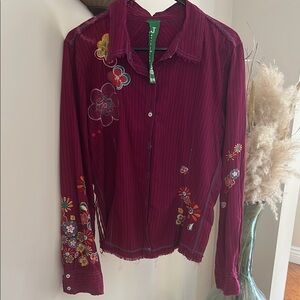 Johnny Was Red and Gold Embellished Button Down Shirt